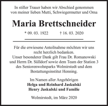 Traueranzeige von Maria Brettschneider  von Magdeburger Volksstimme