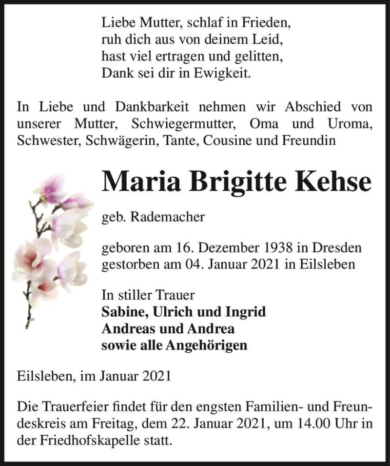  Traueranzeige für Maria Brigitta Kehse (geb. Rademacher)  vom 09.01.2021 aus Magdeburger Volksstimme
