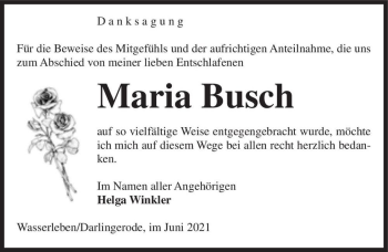 Traueranzeige von Maria Busch  von Magdeburger Volksstimme