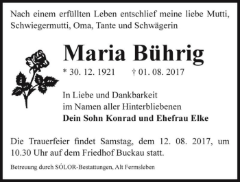 Traueranzeige von Maria Bührig  von Magdeburger Volksstimme