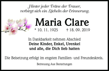 Traueranzeige von Maria Clare  von Magdeburger Volksstimme