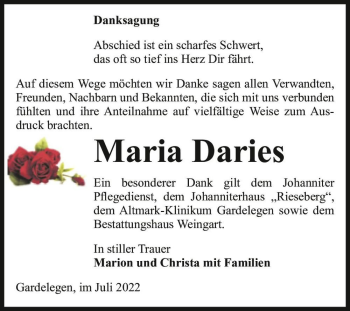 Traueranzeige von Maria Daries  von Magdeburger Volksstimme