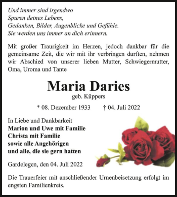 Traueranzeige von Maria Daries (geb. Küppers)  von Magdeburger Volksstimme