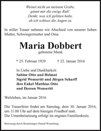 Traueranzeige von Maria Dobbert (geb. Munk)  von Magdeburger Volksstimme