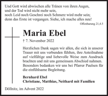 Traueranzeige von Maria Ebel  von Magdeburger Volksstimme