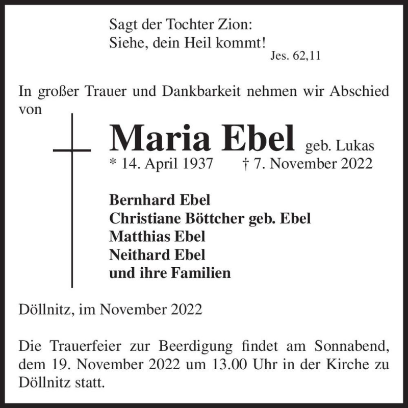  Traueranzeige für Maria Ebel (geb. Lukas)  vom 11.11.2022 aus Magdeburger Volksstimme