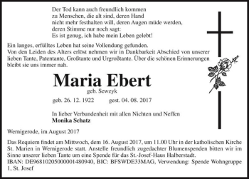 Traueranzeige von Maria Ebert (geb. Sewzyk)  von Magdeburger Volksstimme