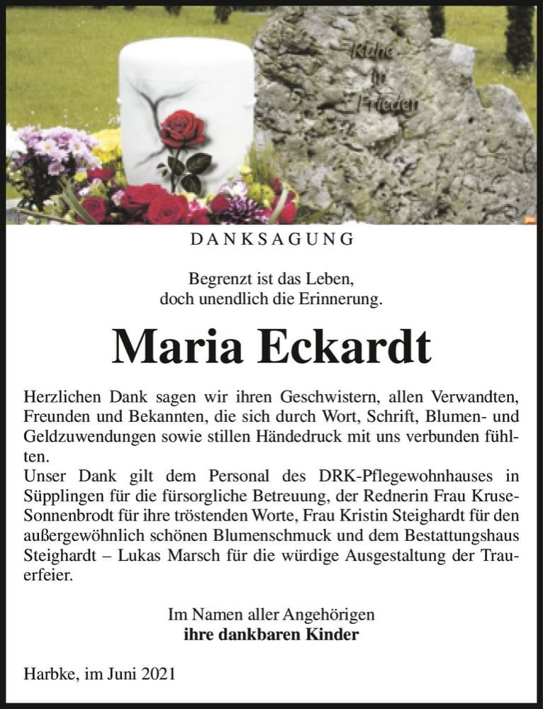  Traueranzeige für Maria Eckardt  vom 12.06.2021 aus Magdeburger Volksstimme