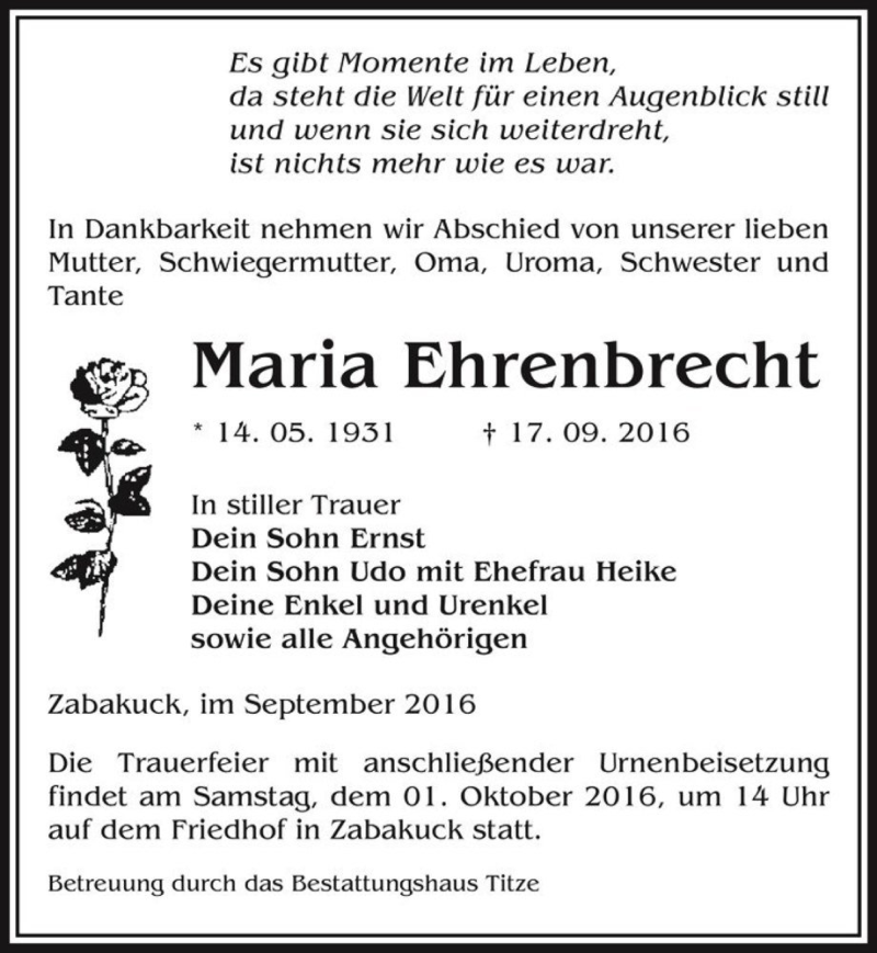  Traueranzeige für Maria Ehrenbrecht  vom 24.09.2016 aus Magdeburger Volksstimme