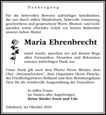 Traueranzeige von Maria Ehrenbrecht  von Magdeburger Volksstimme