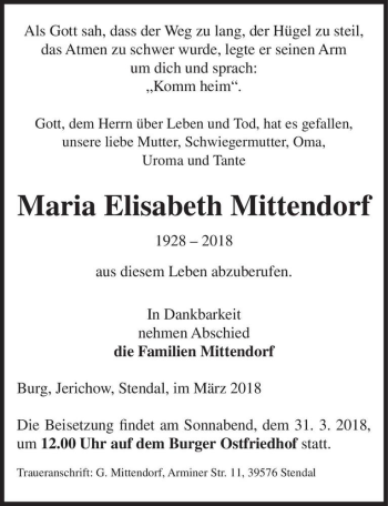 Traueranzeige von Maria Elisabeth Mittendorf  von Magdeburger Volksstimme