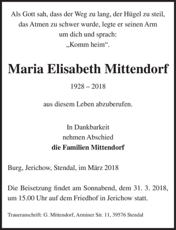 Traueranzeige von Maria Elisabeth Mittendorf  von Magdeburger Volksstimme