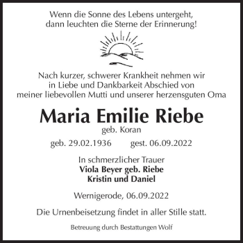 Traueranzeige von Maria Emilie Riebe (geb. Koran)  von Magdeburger Volksstimme