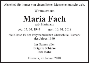Traueranzeige von Maria Fach (geb. Hartmann)  von Magdeburger Volksstimme