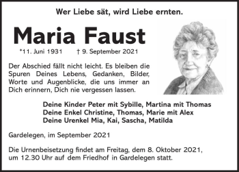 Traueranzeige von Maria Faust  von Magdeburger Volksstimme