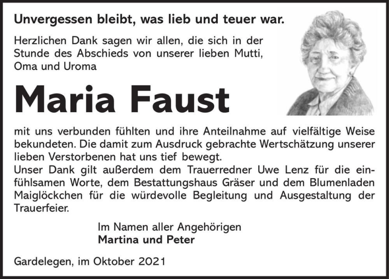  Traueranzeige für Maria Faust  vom 16.10.2021 aus Magdeburger Volksstimme