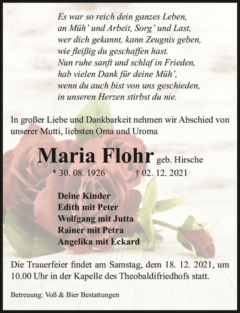  Traueranzeige für Maria Flohr (geb. Hirsche)  vom 11.12.2021 aus Magdeburger Volksstimme
