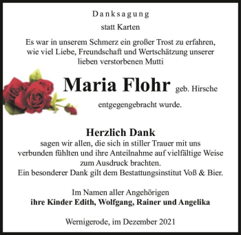 Traueranzeige von Maria Flohr (geb. Hirsche)  von Magdeburger Volksstimme