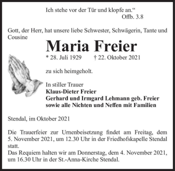 Traueranzeige von Maria Freier  von Magdeburger Volksstimme