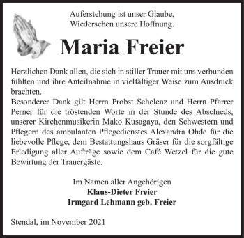 Traueranzeige von Maria Freier  von Magdeburger Volksstimme