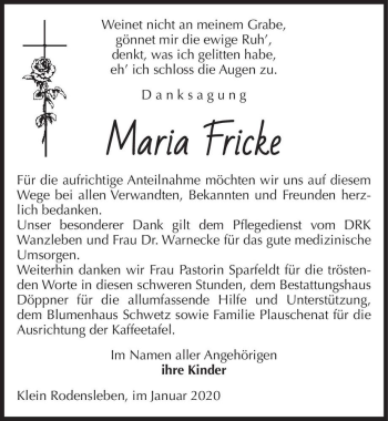 Traueranzeige von Maria Fricke  von Magdeburger Volksstimme