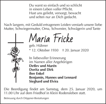 Traueranzeige von Maria Fricke (geb. Hübner)  von Magdeburger Volksstimme