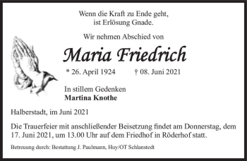Traueranzeige von Maria Friedrich  von Magdeburger Volksstimme