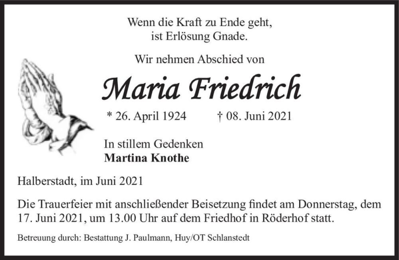  Traueranzeige für Maria Friedrich  vom 12.06.2021 aus Magdeburger Volksstimme