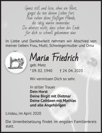 Traueranzeige von Maria Friedrich (geb. Matz)  von Magdeburger Volksstimme