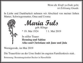 Traueranzeige von Maria Fuls (geb. Klinge)  von Magdeburger Volksstimme
