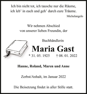 Traueranzeige von Maria Gast  von Magdeburger Volksstimme