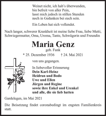 Traueranzeige von Maria Genz (geb. Funk)  von Magdeburger Volksstimme