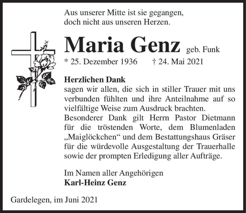  Traueranzeige für Maria Genz (geb. Funk)  vom 18.06.2021 aus Magdeburger Volksstimme
