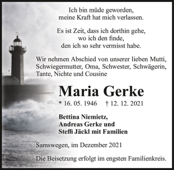 Traueranzeige von Maria Gerke  von Magdeburger Volksstimme