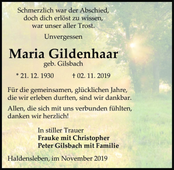 Traueranzeige von Maria Gildenhaar (geb. Gilsbach)  von Magdeburger Volksstimme