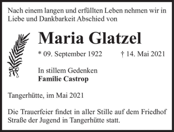 Traueranzeige von Maria Glatzel  von Magdeburger Volksstimme