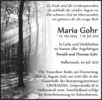 Traueranzeige von Maria Gohr  von Magdeburger Volksstimme