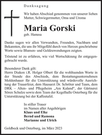 Traueranzeige von Maria Gorski (geb. Hanusa)  von Magdeburger Volksstimme