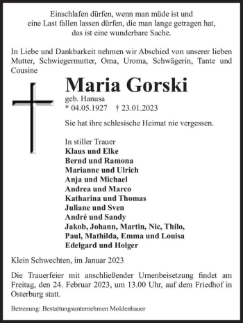 Traueranzeige von Maria Gorski (geb. Hanusa)  von Magdeburger Volksstimme