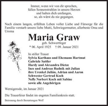 Traueranzeige von Maria Graw (geb. Schwertfeger)  von Magdeburger Volksstimme