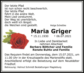 Traueranzeige von Maria Griger  von Magdeburger Volksstimme