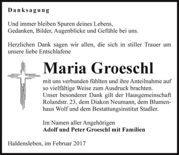 Traueranzeige von Maria Groeschl  von Magdeburger Volksstimme