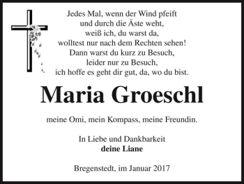 Traueranzeige von Maria Groeschl  von Magdeburger Volksstimme