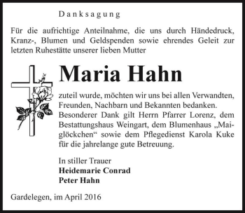 Traueranzeige von Maria Hahn  von Magdeburger Volksstimme