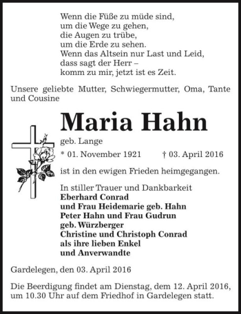 Traueranzeige von Maria Hahn (geb. Lange)  von Magdeburger Volksstimme