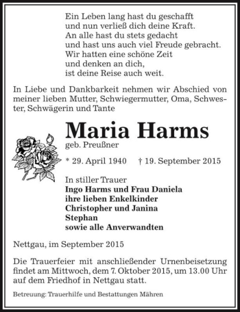 Traueranzeige von Maria Harms (geb. Preußner)  von Magdeburger Volksstimme
