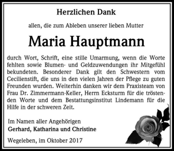 Traueranzeige von Maria Hauptmann  von Magdeburger Volksstimme