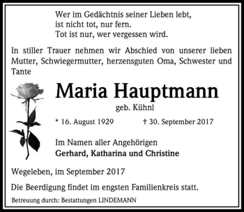 Traueranzeige von Maria Hauptmann (geb. Kühnl)  von Magdeburger Volksstimme