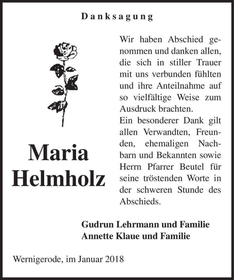  Traueranzeige für Maria Helmholz  vom 20.01.2018 aus Magdeburger Volksstimme