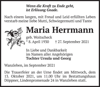 Traueranzeige von Maria Herrmann (geb. Woitscheck)  von Magdeburger Volksstimme